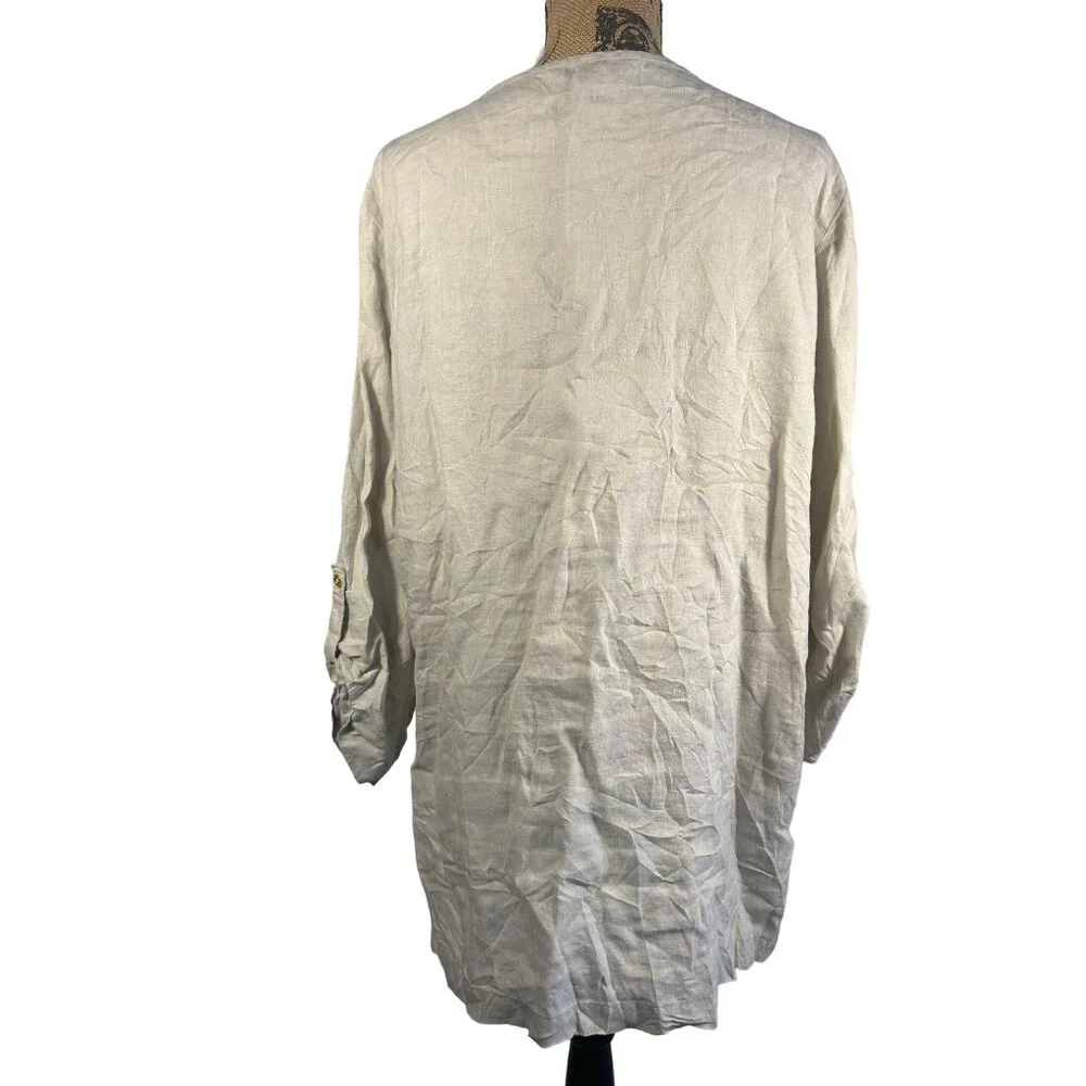 Ellen Tracy Womens Beige Linen Lace-Up Blouse Top With Pockets Size XL Lagenlook - Picture 2 of 6